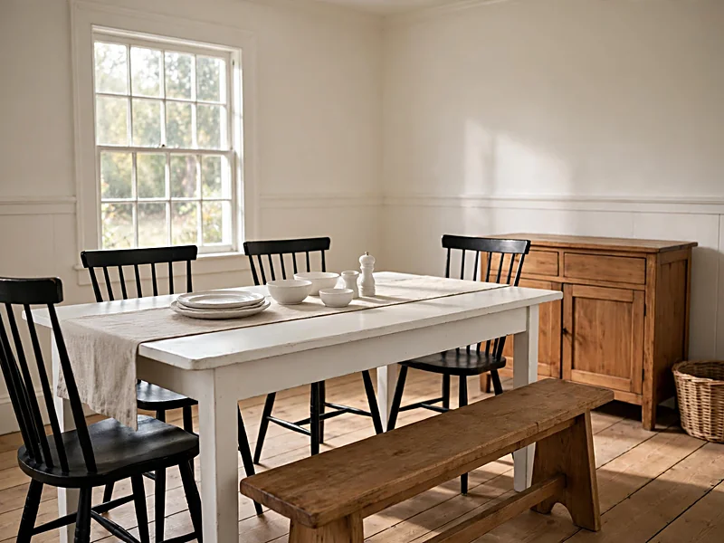 Farmhouse dining room with a white table, black spindle chairs, rustic wooden bench, and linen runner.
