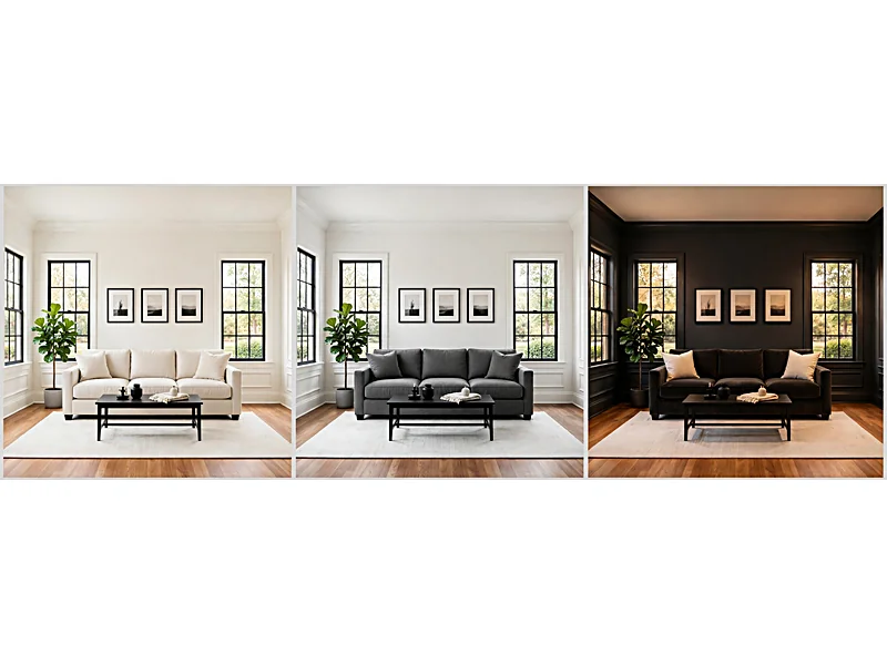 Three matching living rooms comparing mostly white decor, balanced black and white furniture, and charcoal-dominant styling.