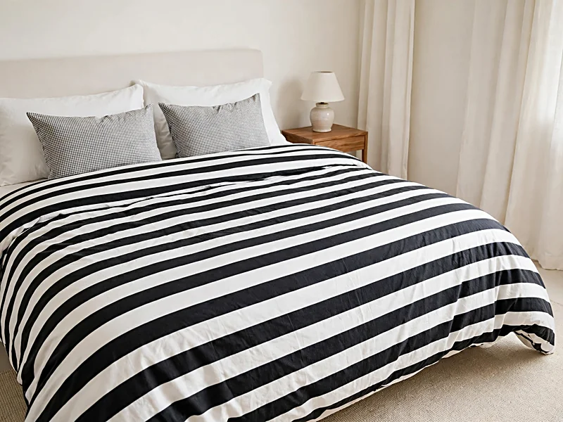 Bedroom with black and white striped bedding, small checked pillows, and plain white curtains.