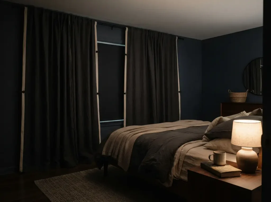 Dark bedroom in the daytime with wide mounted blackout lined curtains blocking outside light
