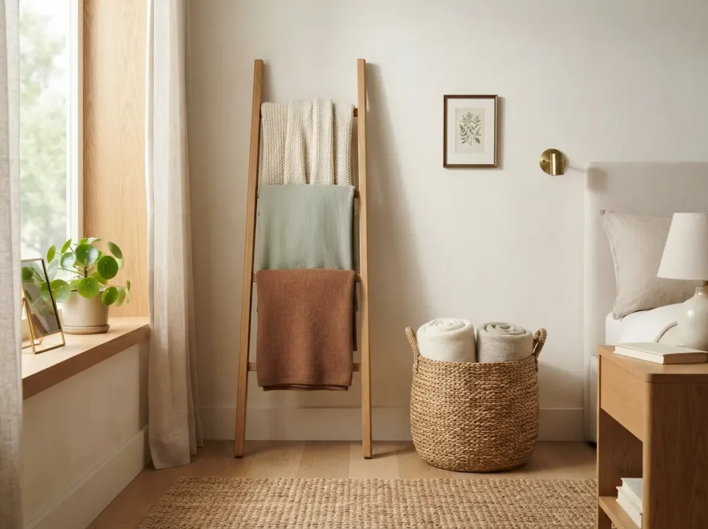 Wooden blanket ladder with three folded throws beside a woven basket in a bedroom corner
