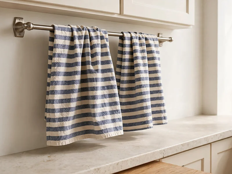 Blue striped cotton kitchen towels hanging from a wall rail beside white cabinets.