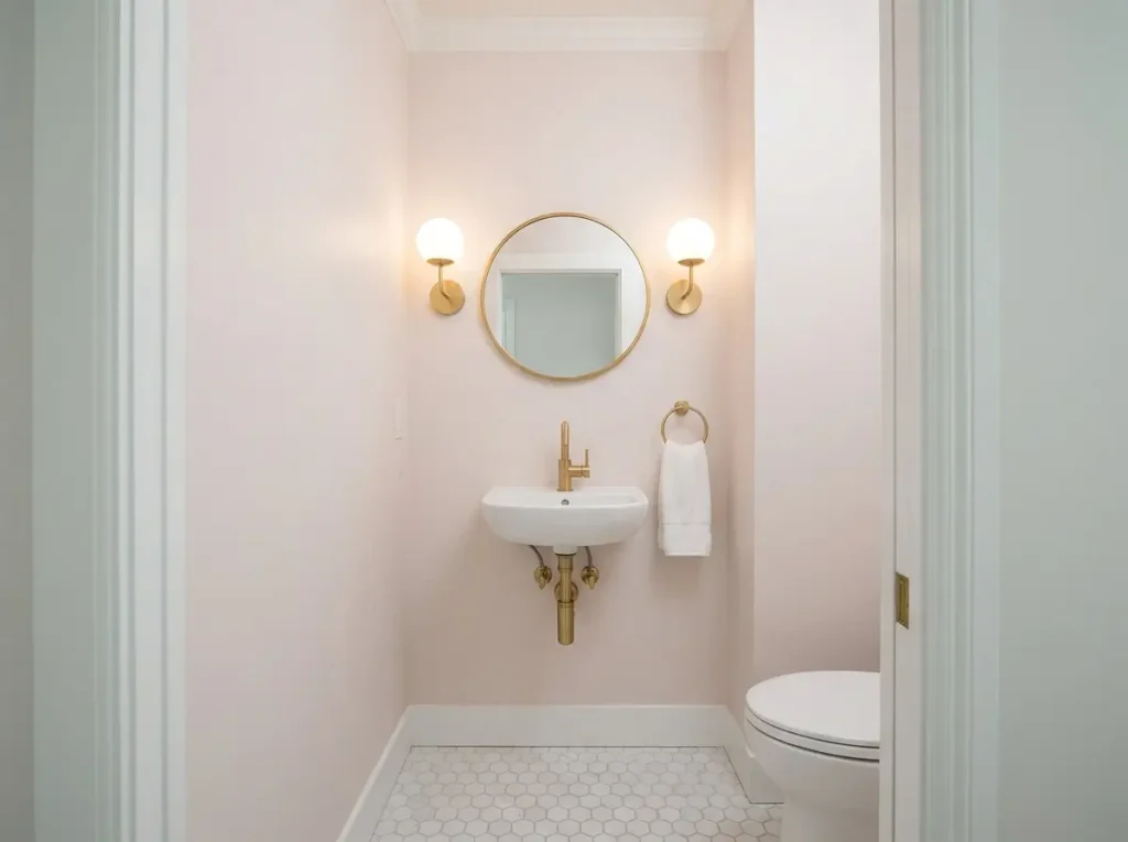 Blush pink powder room with a brushed gold faucet, gold-framed mirror, gold sconces, and a white toilet
