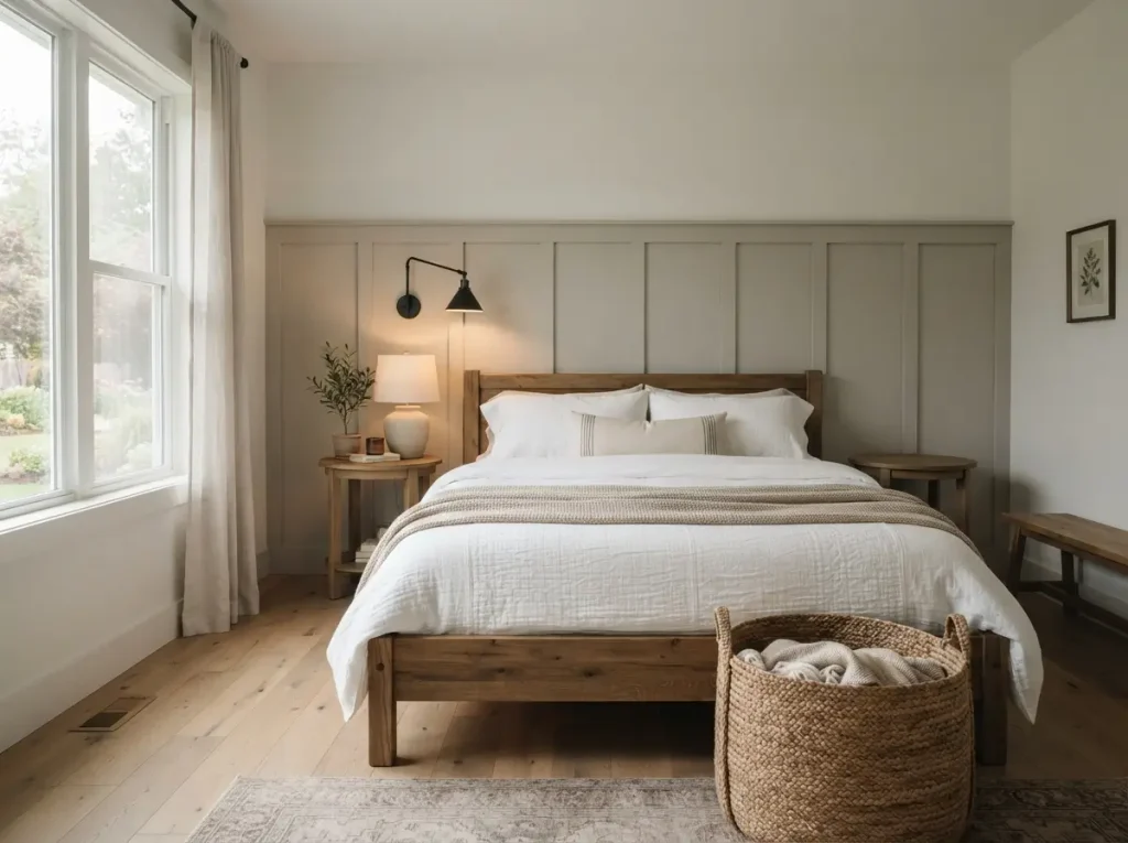 Board and batten feature wall painted warm greige behind a bed in a modern farmhouse bedroom
