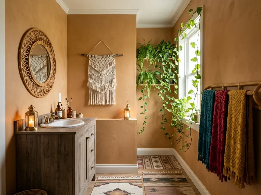 Bohemian bathroom with macrame hanging, cotton rugs, patterned towels, brass lanterns, and trailing plants