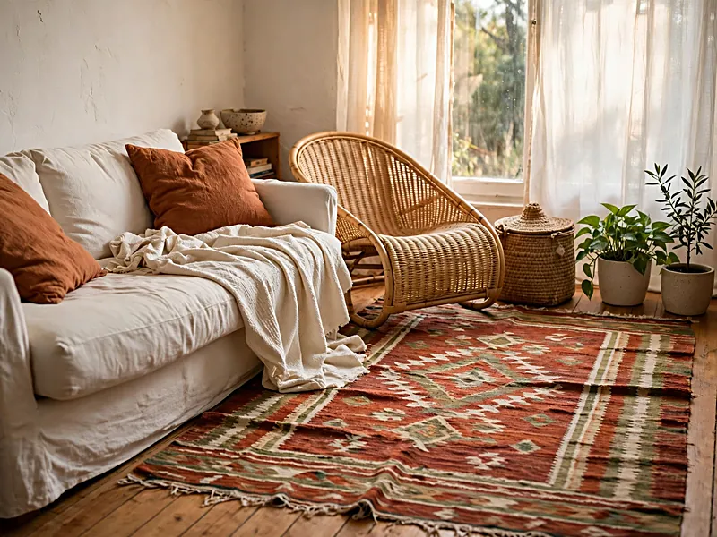 Boho apartment living room with a rattan chair, patterned rug, terracotta pillows, woven baskets, and indoor plants.