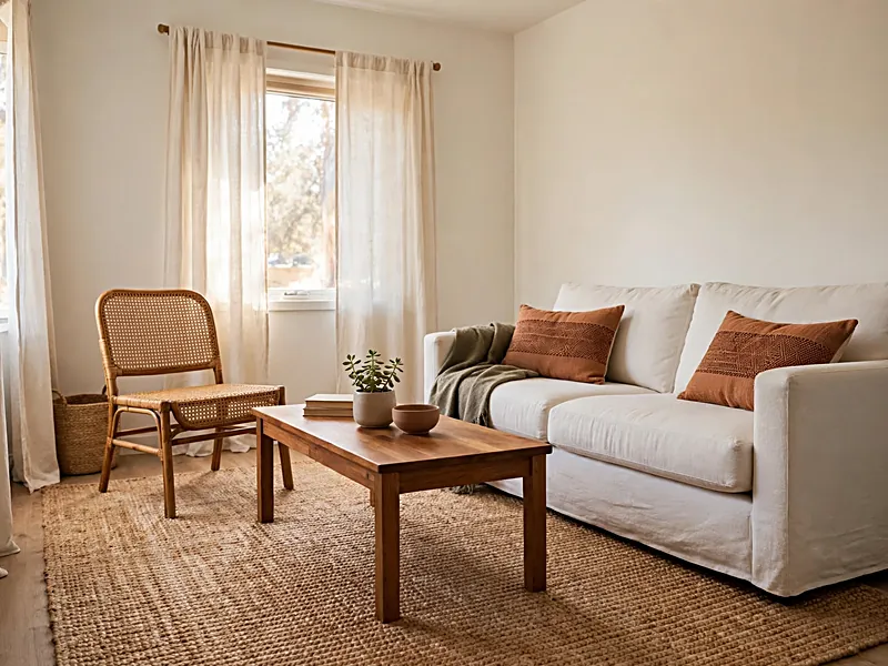 Boho apartment living room with a jute rug, wood coffee table, cane chair, and terracotta-patterned cushions.