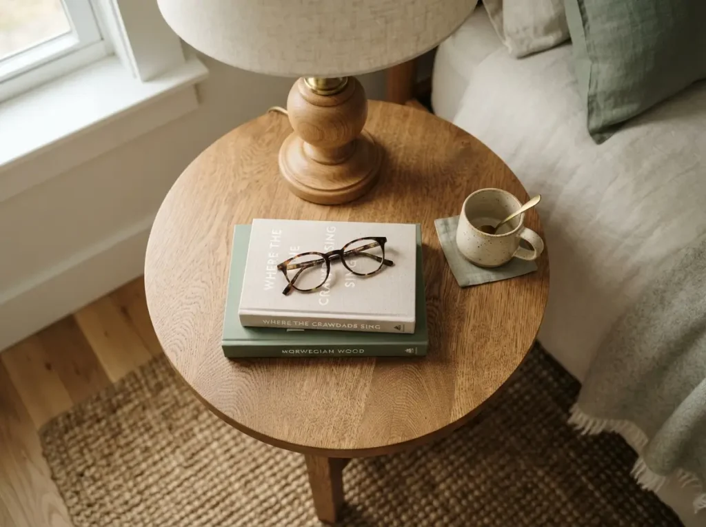 Top down view of two stacked books with reading glasses and a mug on a round wood nightstand
