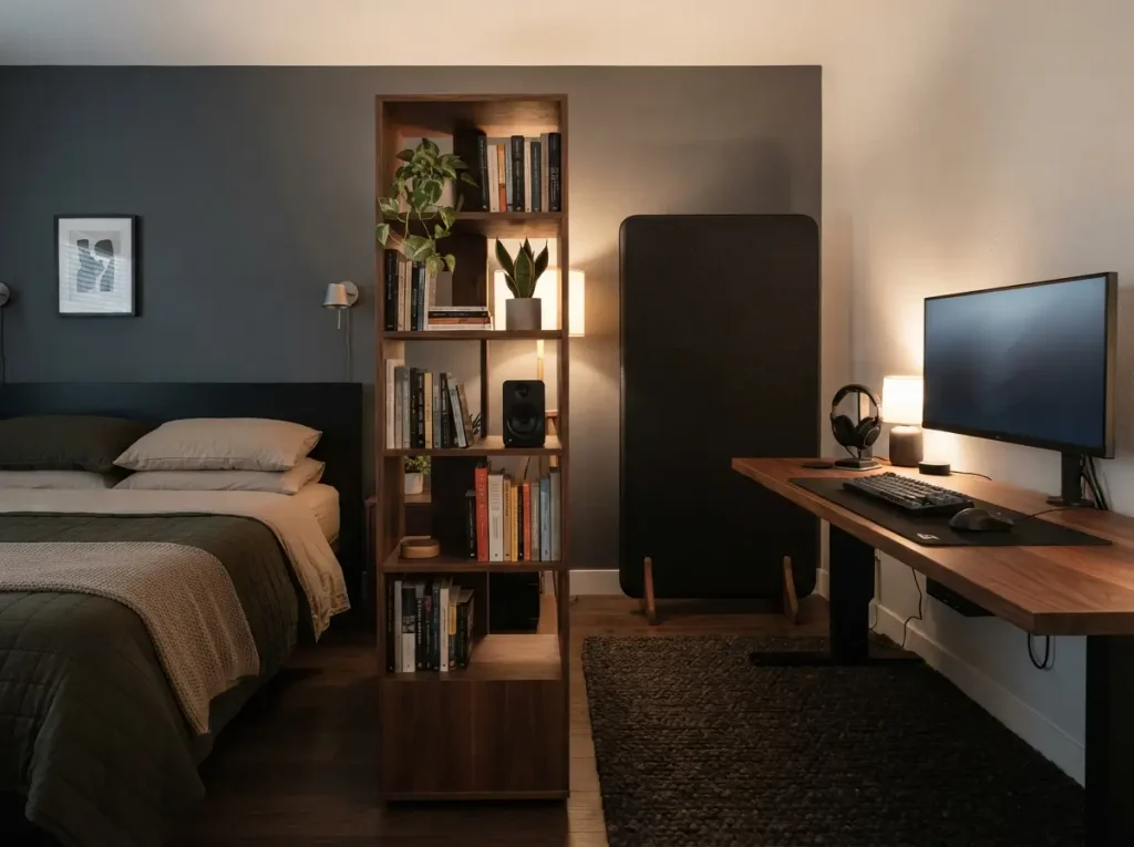 Tall bookshelf dividing a bed area from a gaming desk with a freestanding acoustic panel behind the desk
