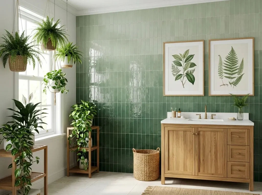 Green tiled bathroom with ferns in hanging planters and framed botanical prints