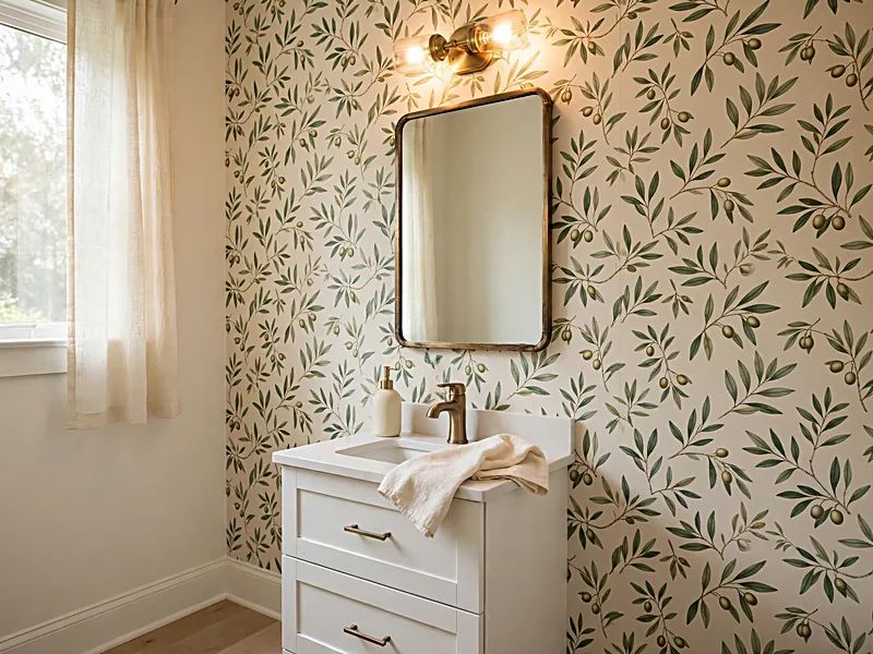 Guest powder room with cream botanical wallpaper, sage green leaves, white vanity, and brass mirror.