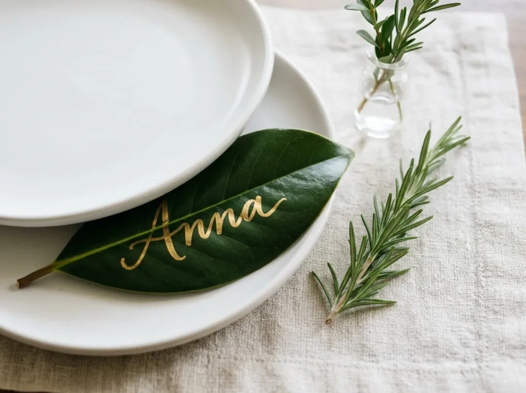 Place setting with a guest name written on a magnolia leaf and a rosemary sprig at the seat.