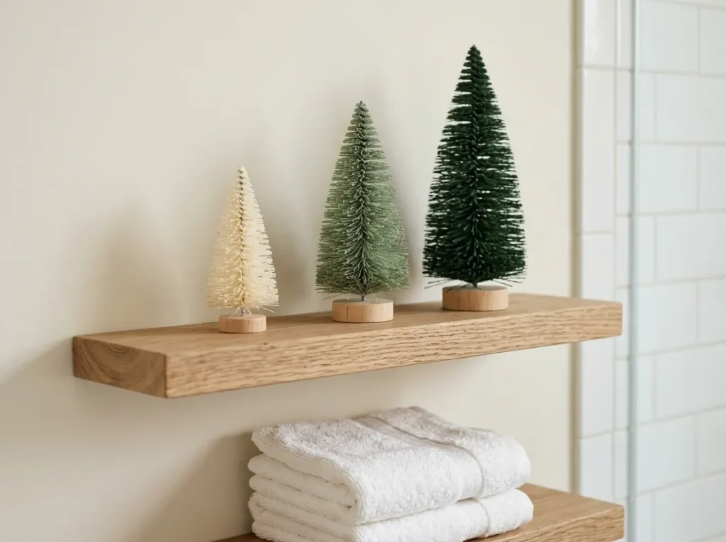 Three small bottle brush Christmas trees arranged on a narrow wooden bathroom shelf above folded white towels.