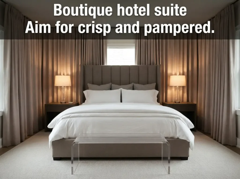 Boutique hotel suite bedroom with white layered bedding, upholstered headboard, and matching lamps
