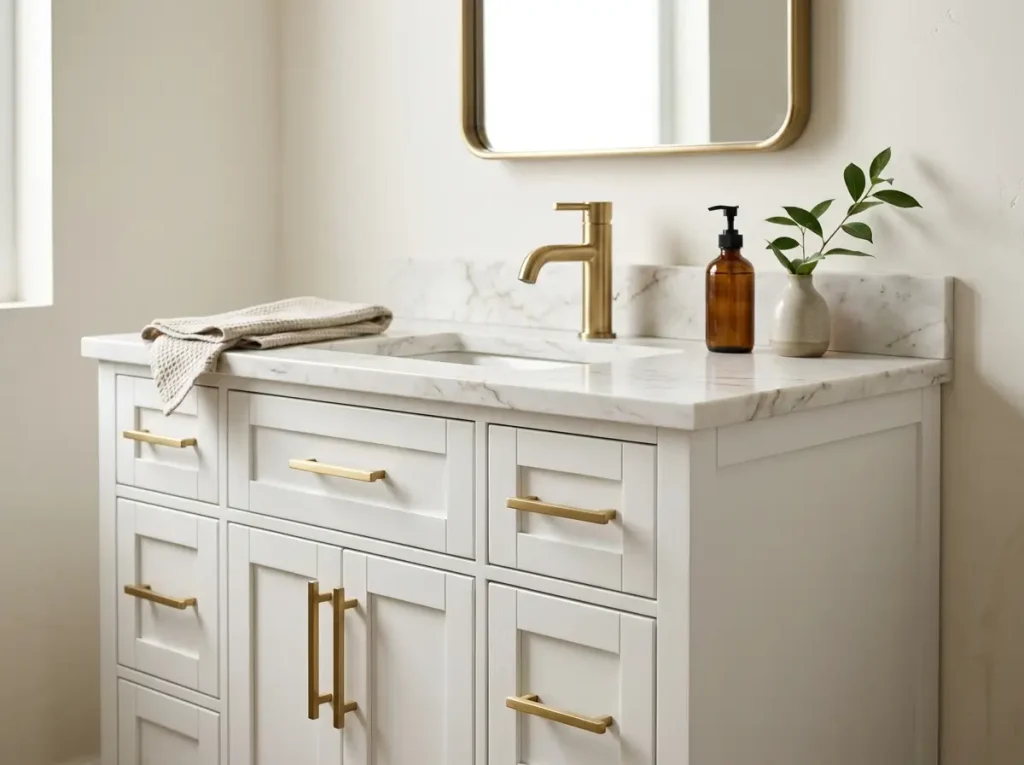 Brushed brass faucet and long cabinet pulls on a white shaker vanity
