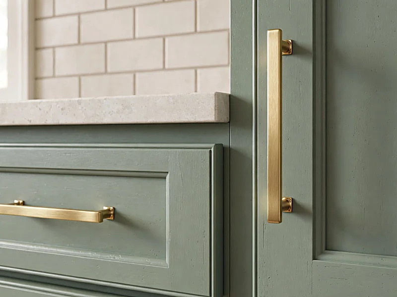 Brushed brass handles on sage green shaker kitchen cabinets with a pale stone countertop.