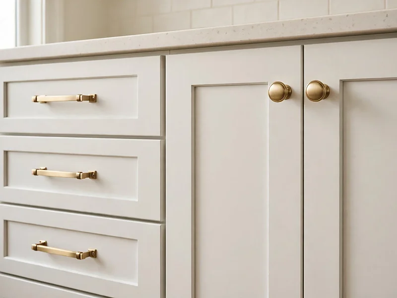 Close-up of brushed brass cabinet knobs and drawer pulls on warm white Shaker cabinets.