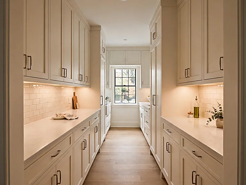Narrow galley kitchen with warm white cabinets, pale countertops, and under-cabinet lighting.