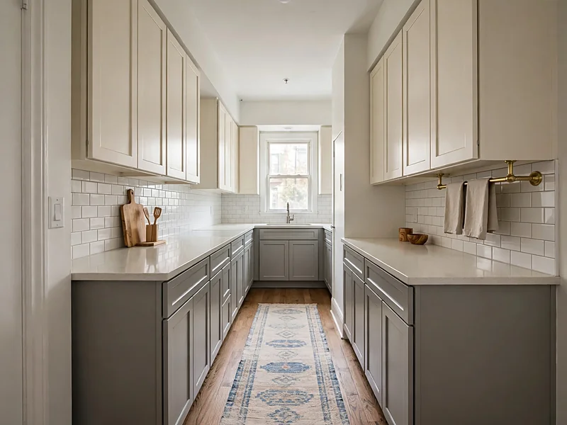 Narrow galley kitchen with light cabinets, a simple runner, and wooden accessories.