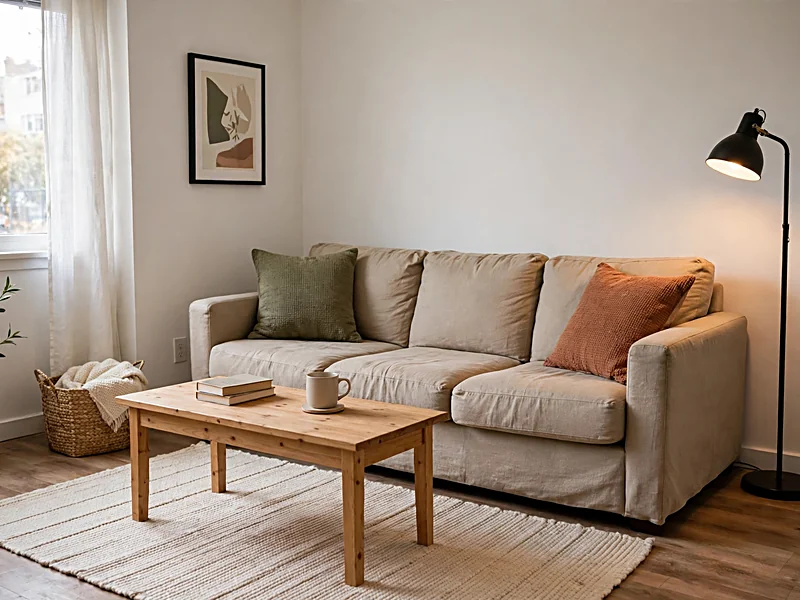 Affordable apartment living room refresh with an existing beige sofa, new rug, pillow covers, framed art, and floor lamp.