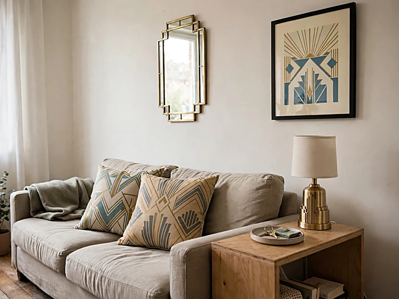 Budget Art Deco decor with geometric cushions, brass table lamp, mirror, and framed artwork