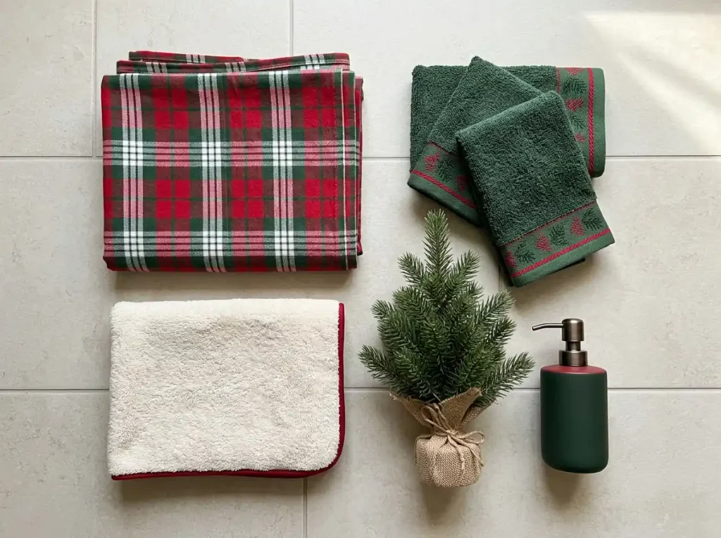 Coordinated Christmas bathroom accessory set with plaid shower curtain, matching towels, bath mat, and miniature tree.