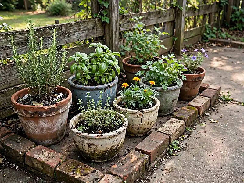 Affordable patio garden with reused terracotta pots, flowering plants, herbs, and simple brick edging.