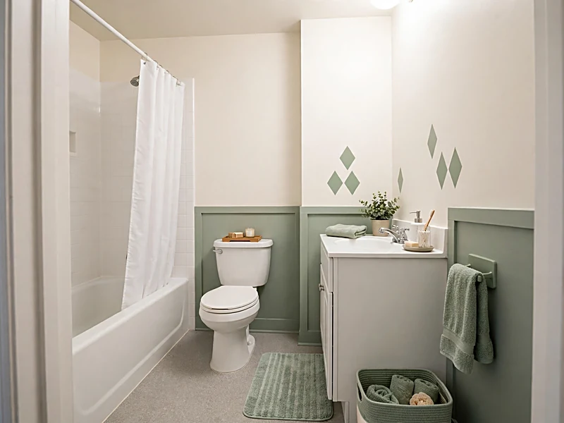 Affordable white bathroom decorated with sage shower curtain, olive towels, green bath mat, and framed artwork.