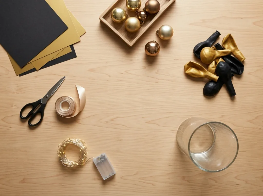 Affordable New Year's Eve decorating supplies including cardstock, ribbon, balloons, string lights, and reused ornaments.