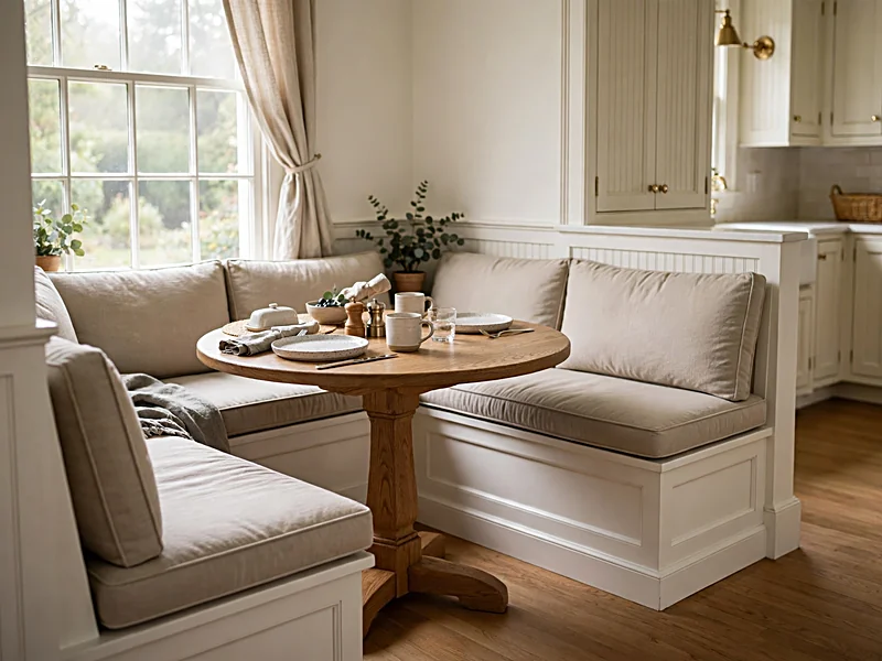 Cozy kitchen breakfast nook with an L-shaped built-in bench, round table, and washable seat cushions.