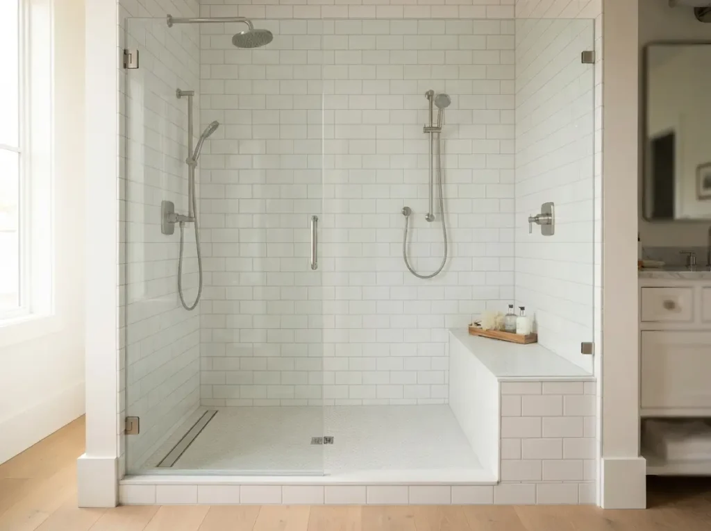 Built in tiled shower bench with nonslip top and handheld shower
