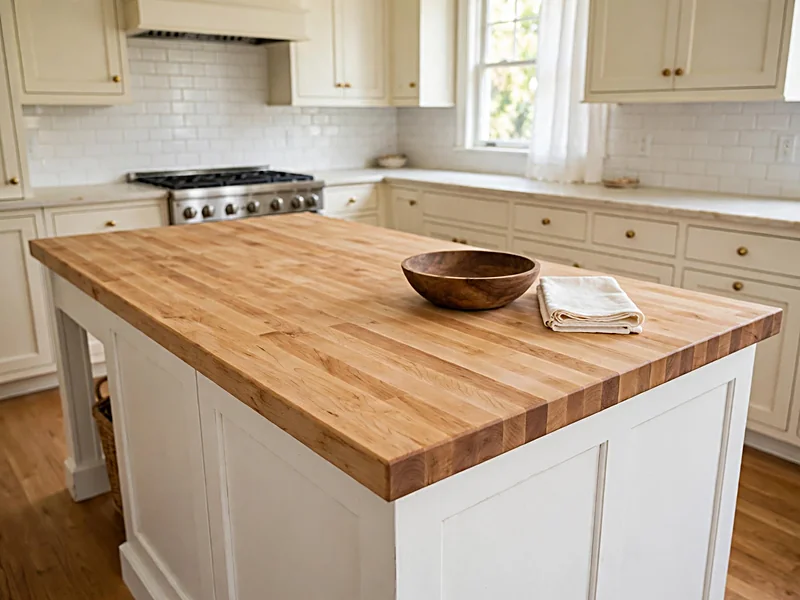 White kitchen island with a thick maple butcher block countertop and painted base cabinets.