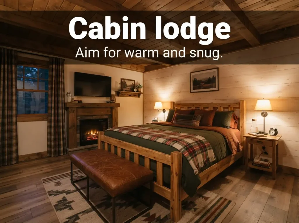 Cabin lodge bedroom with wood ceiling beams, wool throw, and an electric fireplace
