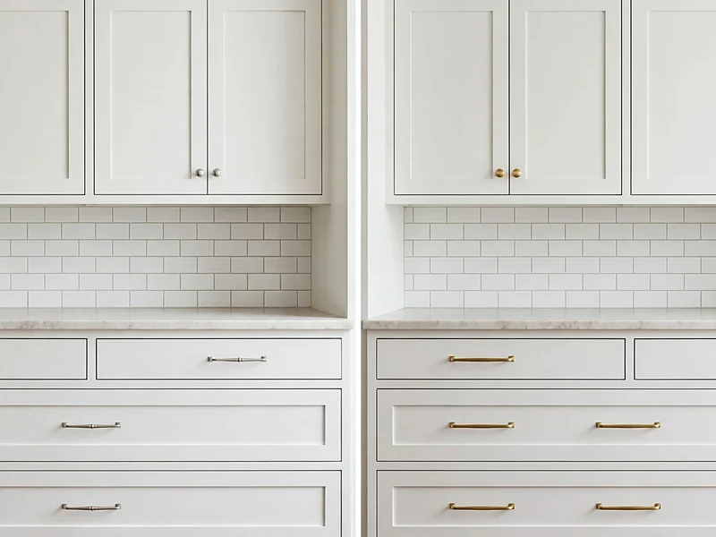 Same white kitchen cabinets shown with basic silver knobs before and brushed brass hardware after.