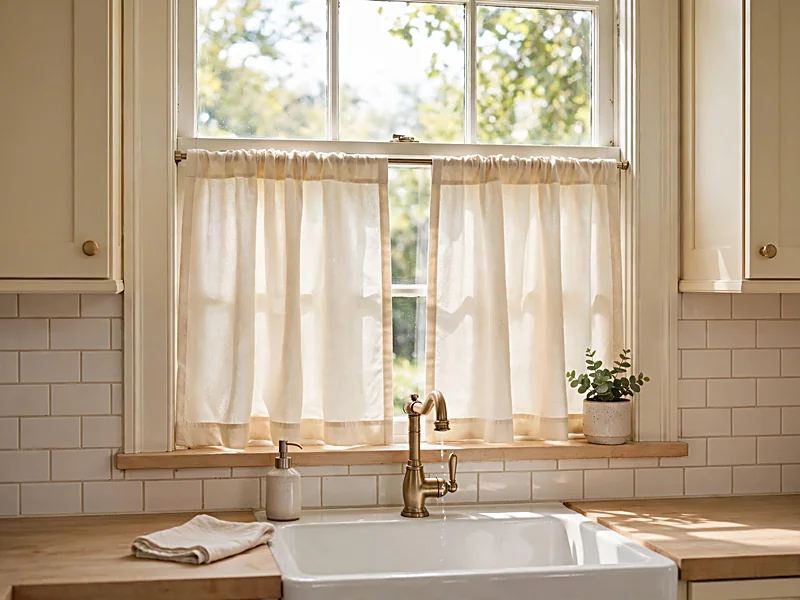 Cream café curtains covering the lower half of a kitchen window above a farmhouse-style sink.