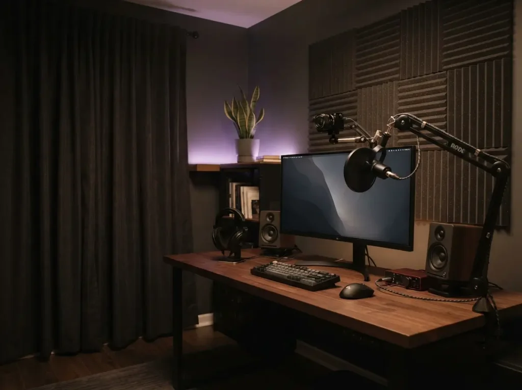 Streaming setup in a bedroom with a camera at eye level, front lighting and a heavy curtain behind the mic

