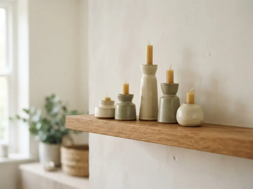 Five small cream and sage ceramic candle holders in varied heights grouped on a wooden shelf
