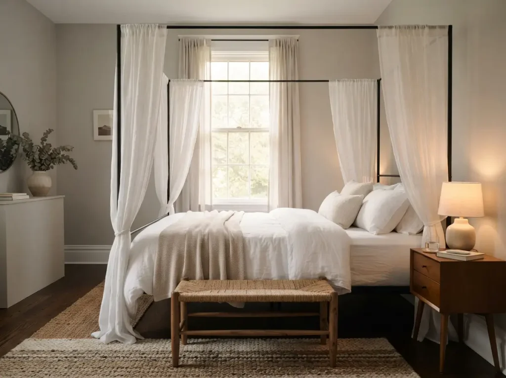 Canopy bed with a black metal frame and sheer white linen drapes that add height to the bedroom
