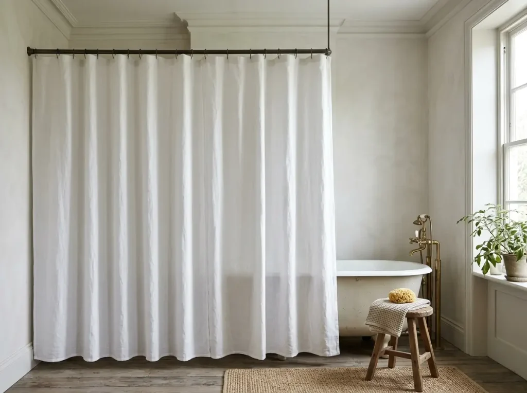 White shower curtain hung near the ceiling and falling to the floor
