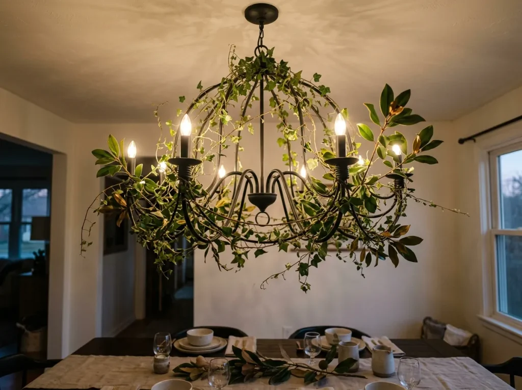 Dining room chandelier with wispy greenery and small-leaf magnolia wired on and LED bulbs