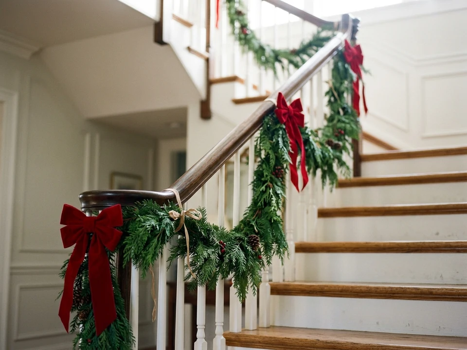 Staircase banister wrapped in garland with bows at regular intervals