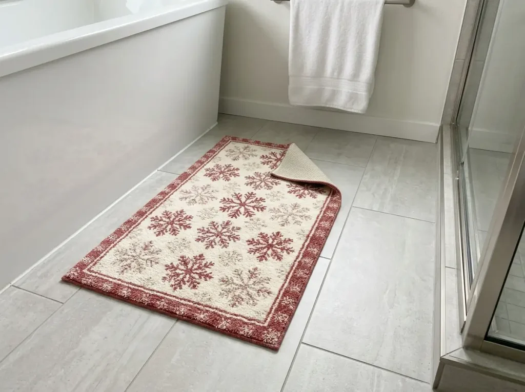 Flat red and cream Christmas bath mat placed beside a bathtub on light gray bathroom tile.
