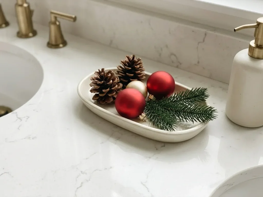 Ceramic bathroom tray holding pinecones, red and gold ornaments, and artificial evergreen branches beside a sink