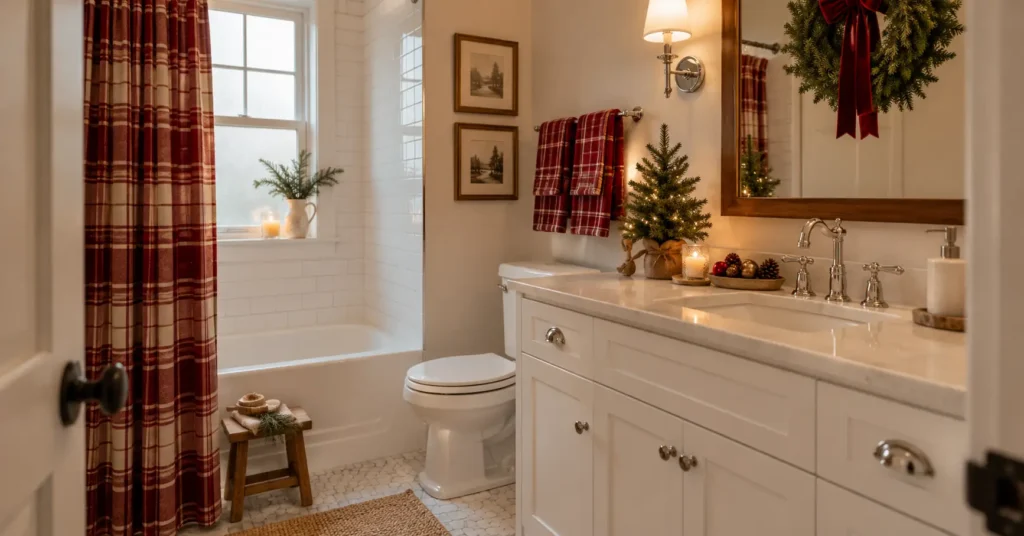 Cozy Christmas bathroom with an evergreen mirror wreath, red plaid towels, festive shower curtain, and holiday accessories.