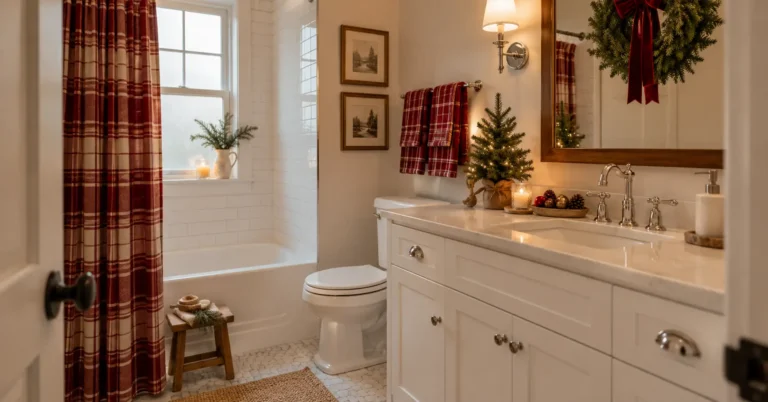 Cozy Christmas bathroom with an evergreen mirror wreath, red plaid towels, festive shower curtain, and holiday accessories.