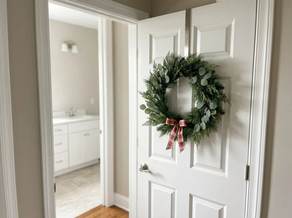 Lightweight pine Christmas wreath with plaid bow hanging from a white bathroom door using an overdoor hanger.