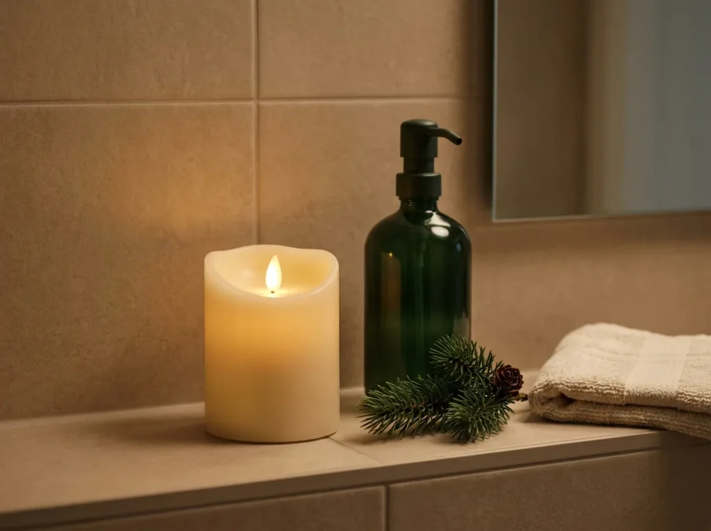 Flameless candle and lightly scented pine soap arranged on a dry bathroom shelf with a small evergreen sprig.
