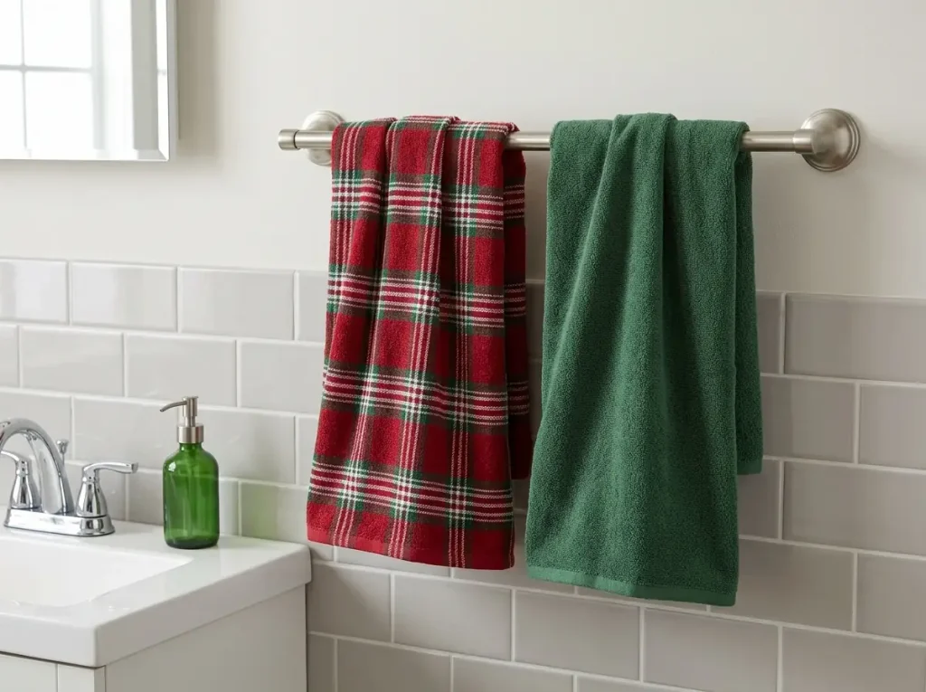 Red plaid and green cotton Christmas hand towels arranged on a towel bar beside a white bathroom sink.