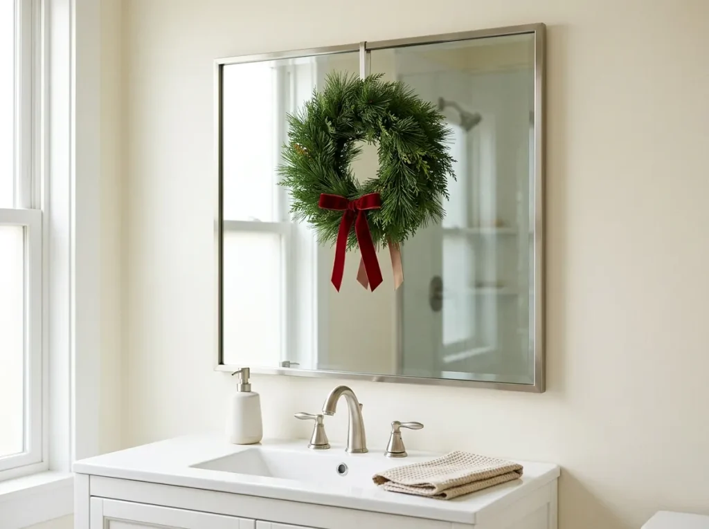 Small evergreen Christmas wreath with red velvet ribbon hanging above a white bathroom vanity mirror.