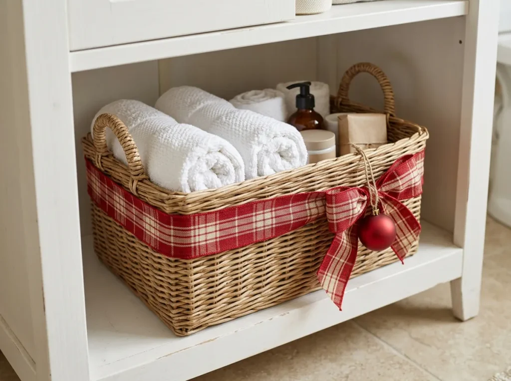 Wicker bathroom storage basket with red plaid ribbon holding rolled white towels and spare toiletries.